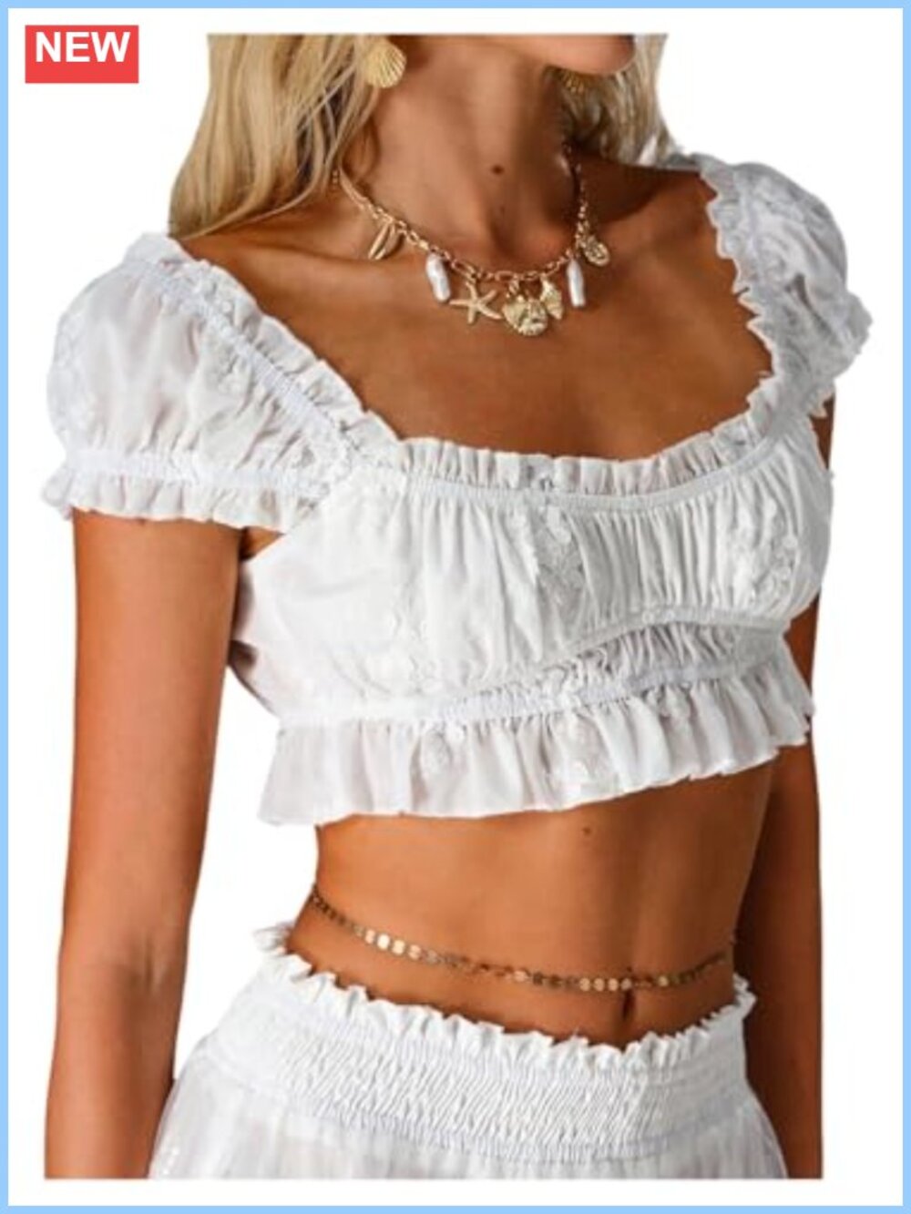 Embroidery Puff Sleeve Micro Ruffle Crop Top Blouse
